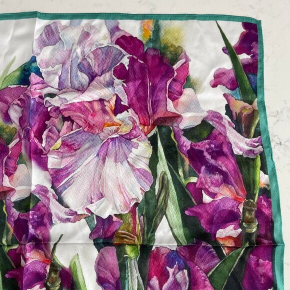 Floral Iris Print 100% Silk 20" Square Colorful Bold Scarf Purple Grn Wht Sz OS - Picture 2 of 10